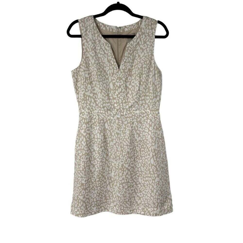 Banana Republic Tan White Animal Print Linen V Neck Shift Dress Sz 8 Women’s NWT